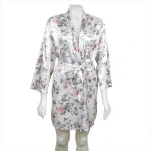 La  Vie En Rose Floral Satin Robe Grey Pink Size Small/Medium
